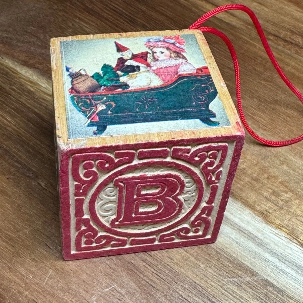 Vintage Wooden Alphabet Block Christmas Ornament Victorian Style ABC Toy Sleigh